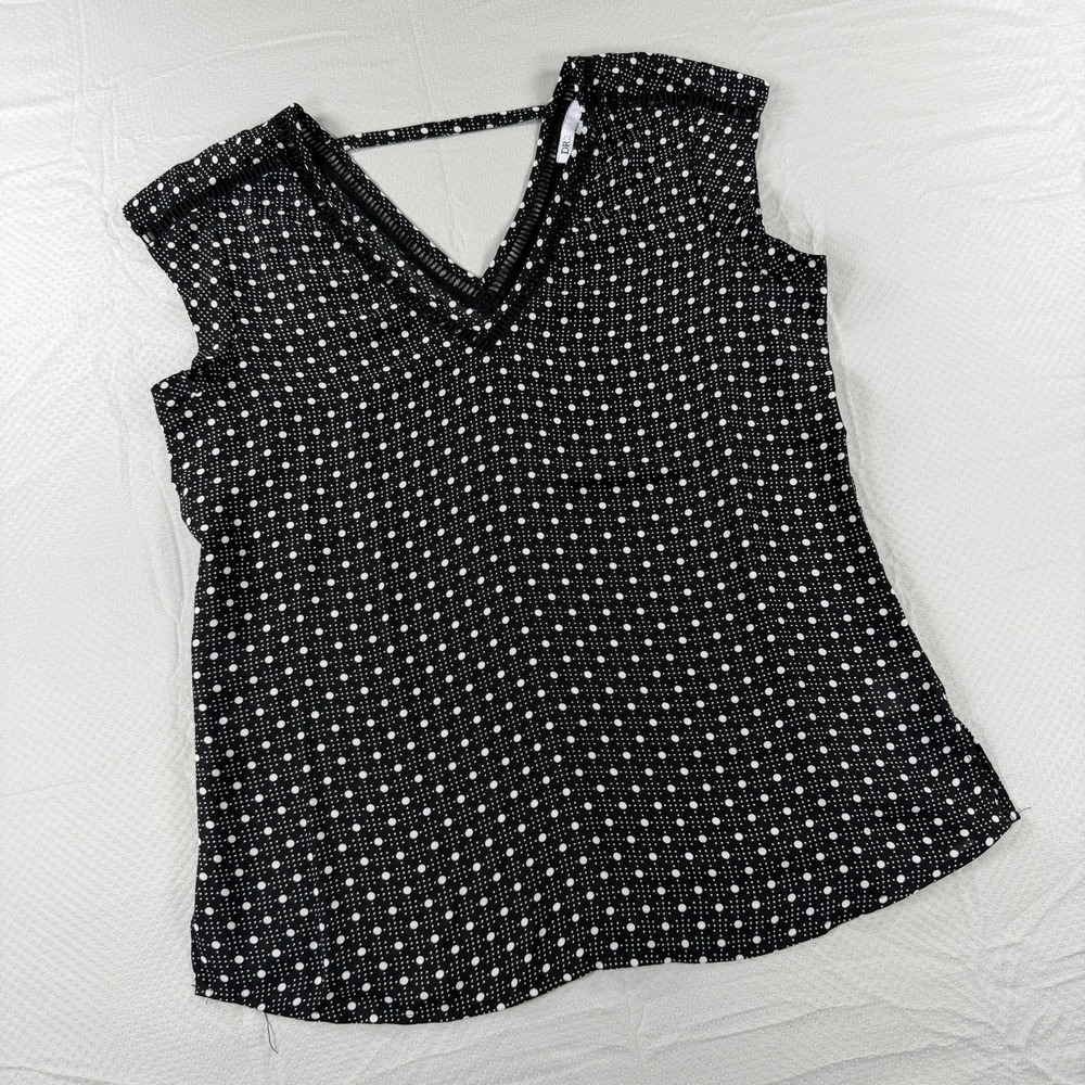 DR2 Womens sz Small Black White Polka Dot Sleeveless V-Neck Lace Trim Blouse Top